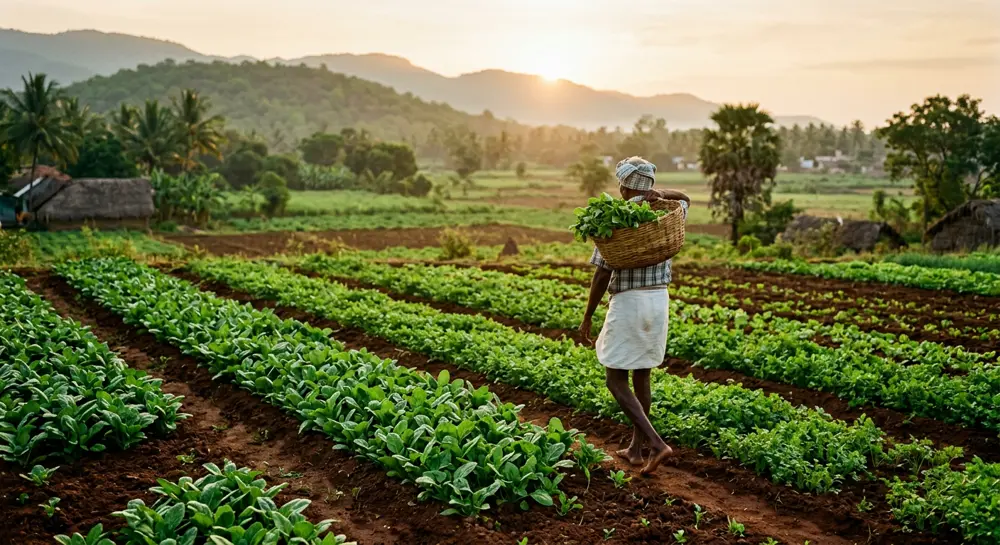 A farmer carrying a basket of fresh vegetables