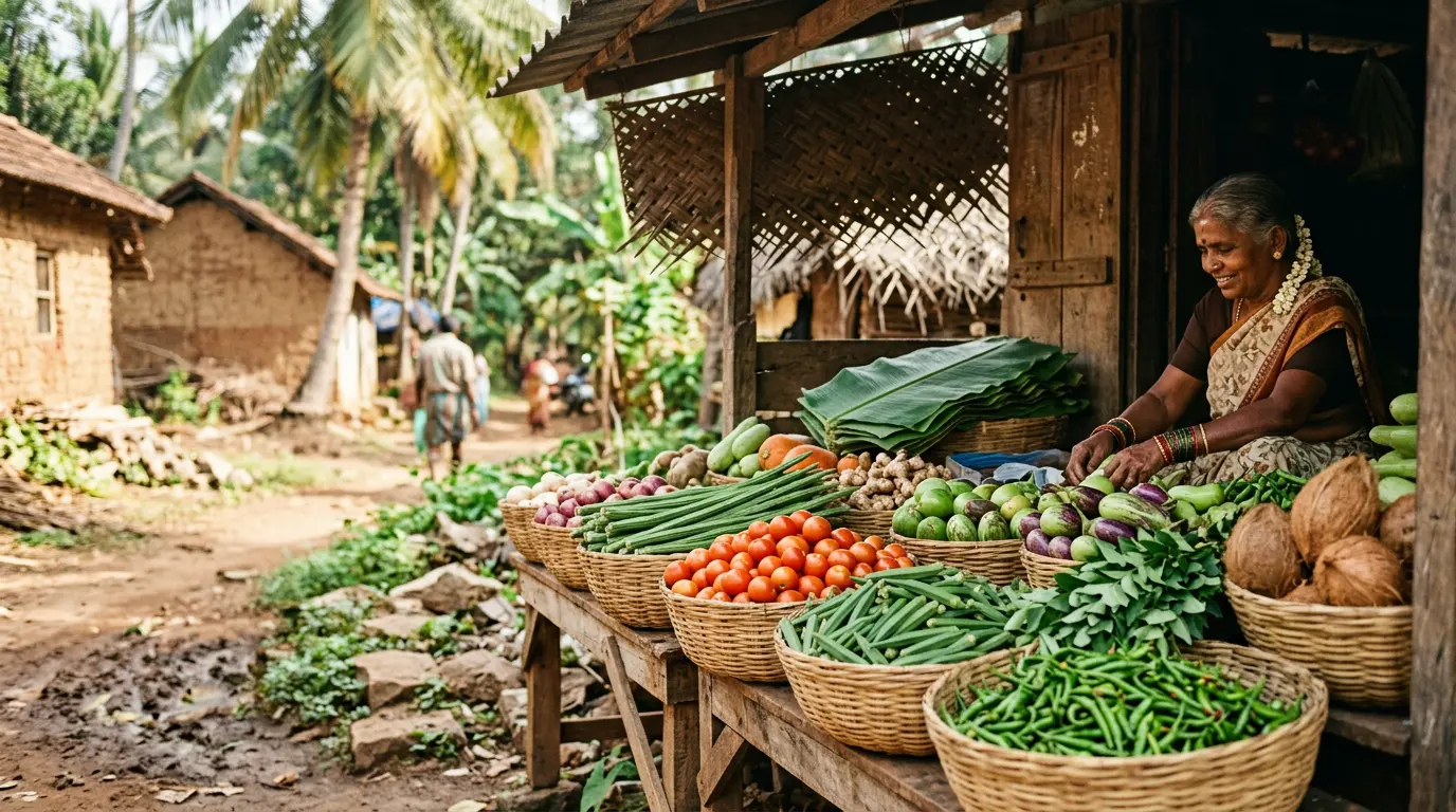 A market stall filled with fresh vegetables